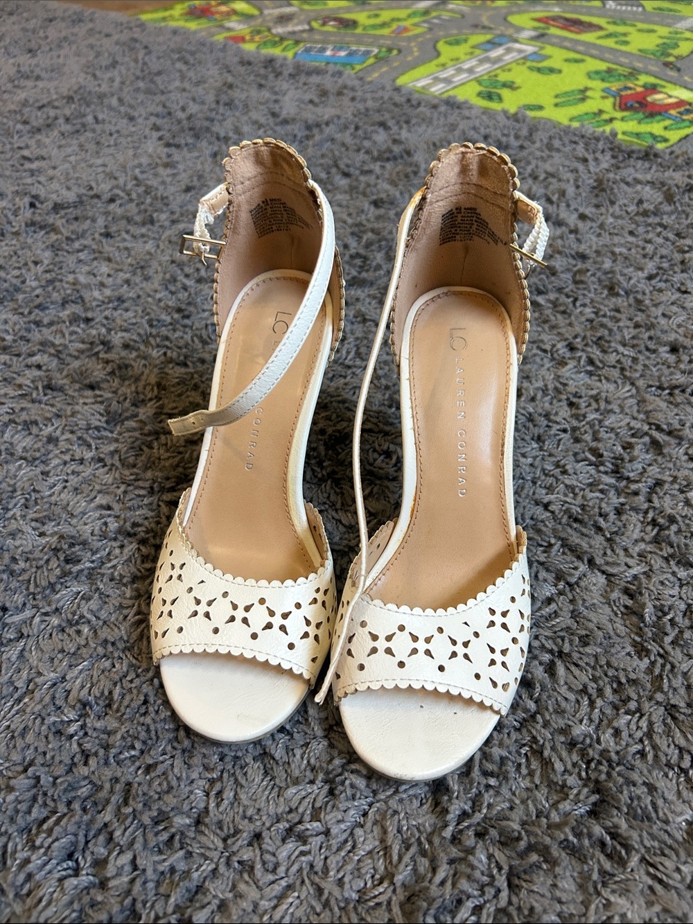 LC Lauren Conrad Cream Laser-Cut Open-Toe Ankle Strap Heels